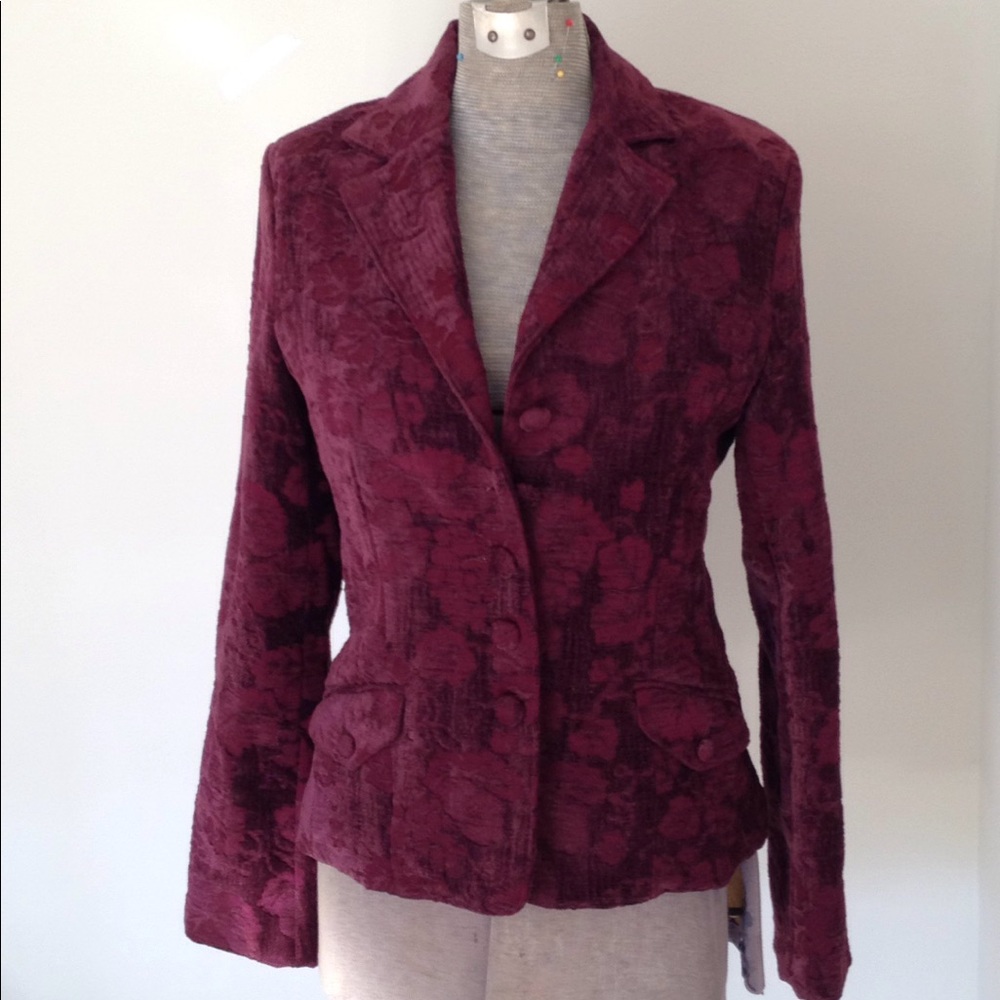 M Velvet Damask Jacket Wine Pattern Pockets Merlot Coat